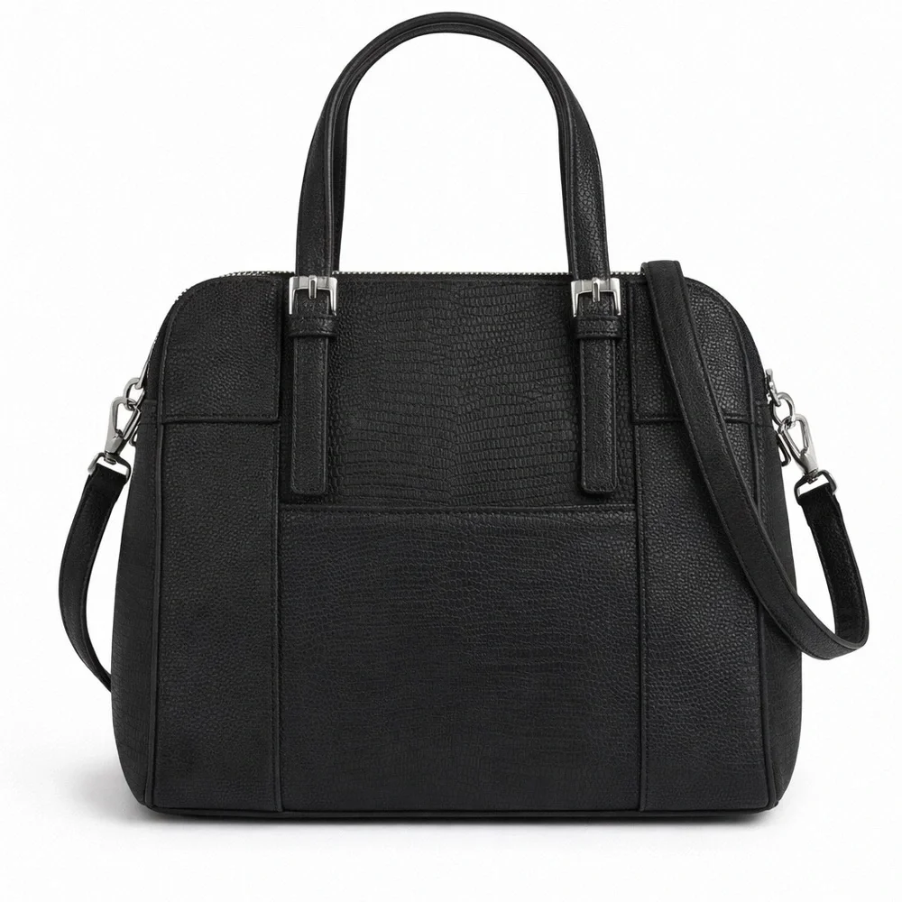 GUESS Black Textured Satchel Bag Silver Charm Structured Purse
